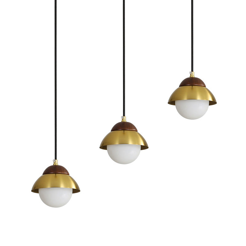 Metal Dome Pendant Light Kit with Opal Glass Shade - Simplicity Design, Brass Finish, Multiple Lamps - 12"/23.5" Width, 3-Bulb Hanging Fixture