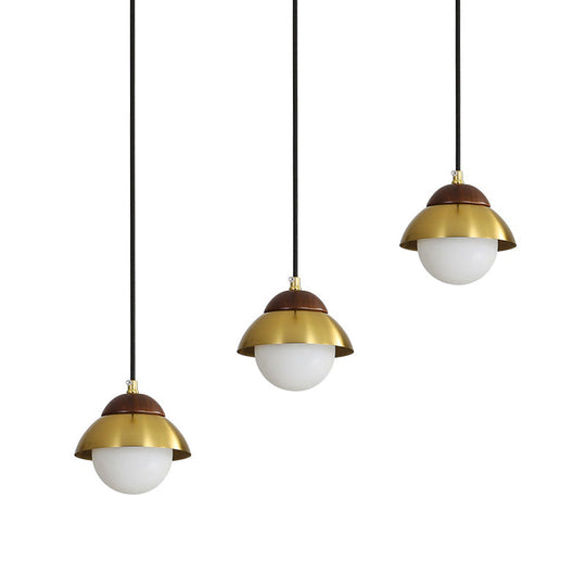 Metal Dome Pendant Light Kit with Opal Glass Shade - Simplicity Design, Brass Finish, Multiple Lamps - 12"/23.5" Width, 3-Bulb Hanging Fixture