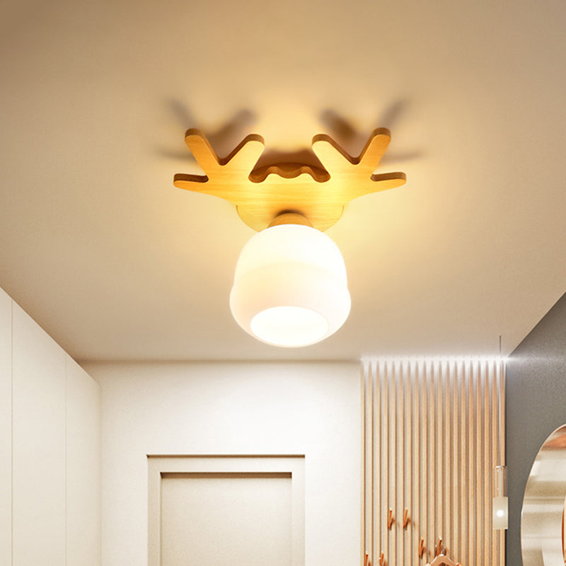 Opal Glass LED Ceiling Fixture with Wood Antler/Square/Round Design - Beige Flushmount