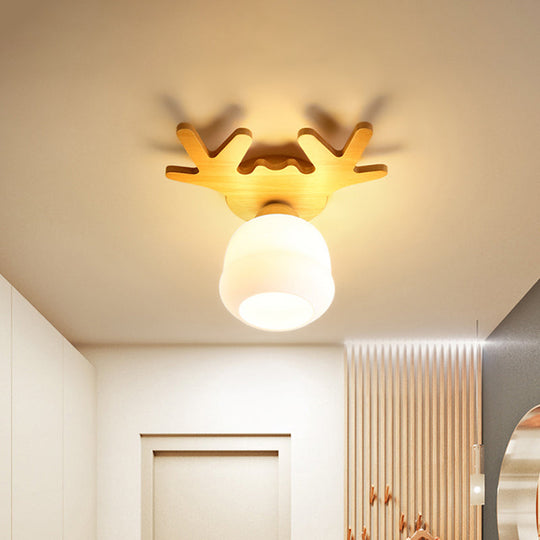 Opal Glass LED Ceiling Fixture with Wood Antler/Square/Round Design - Beige Flushmount