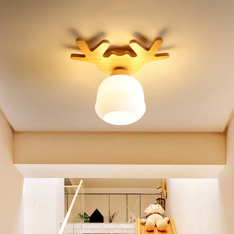 Opal Glass LED Ceiling Fixture with Wood Antler/Square/Round Design - Beige Flushmount