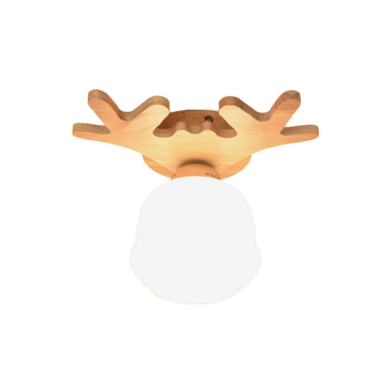 Opal Glass LED Ceiling Fixture with Wood Antler/Square/Round Design - Beige Flushmount