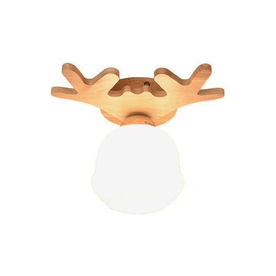 Opal Glass LED Ceiling Fixture with Wood Antler/Square/Round Design - Beige Flushmount