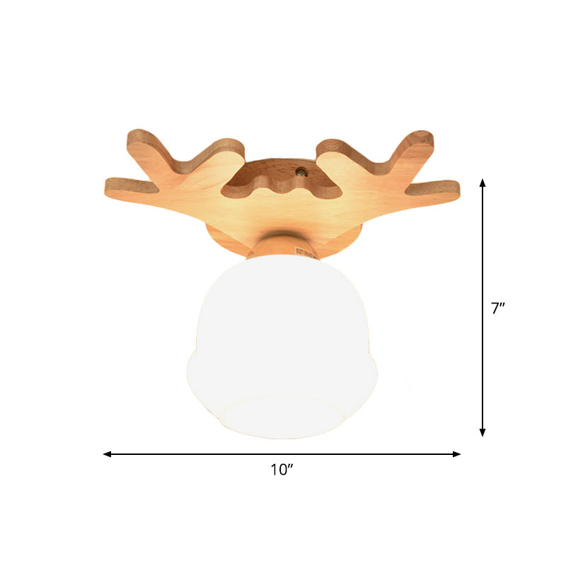 Opal Glass LED Ceiling Fixture with Wood Antler/Square/Round Design - Beige Flushmount