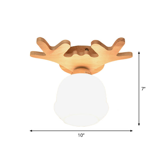 Opal Glass LED Ceiling Fixture with Wood Antler/Square/Round Design - Beige Flushmount