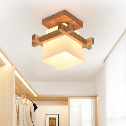 Opal Glass LED Ceiling Fixture with Wood Antler/Square/Round Design - Beige Flushmount