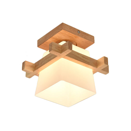 Opal Glass LED Ceiling Fixture with Wood Antler/Square/Round Design - Beige Flushmount