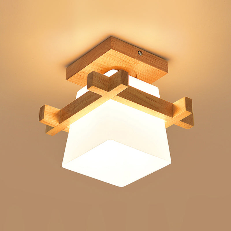 Opal Glass LED Ceiling Fixture with Wood Antler/Square/Round Design - Beige Flushmount