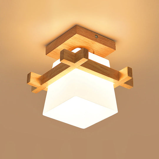 Opal Glass LED Ceiling Fixture with Wood Antler/Square/Round Design - Beige Flushmount