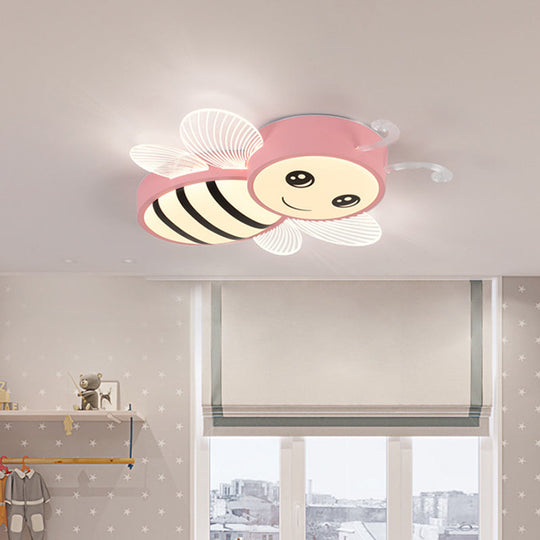 Bee Flush Mount LED Ceiling Lamp for Kids' Bedroom - Pink/Yellow/Blue Plastic Fixture