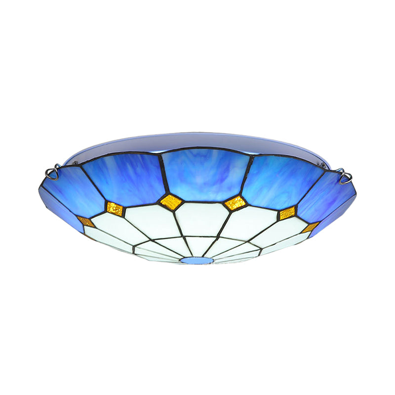 Tiffany Blue Stained Glass Flush Ceiling Light with Bowl Shade - Perfect for Living Room