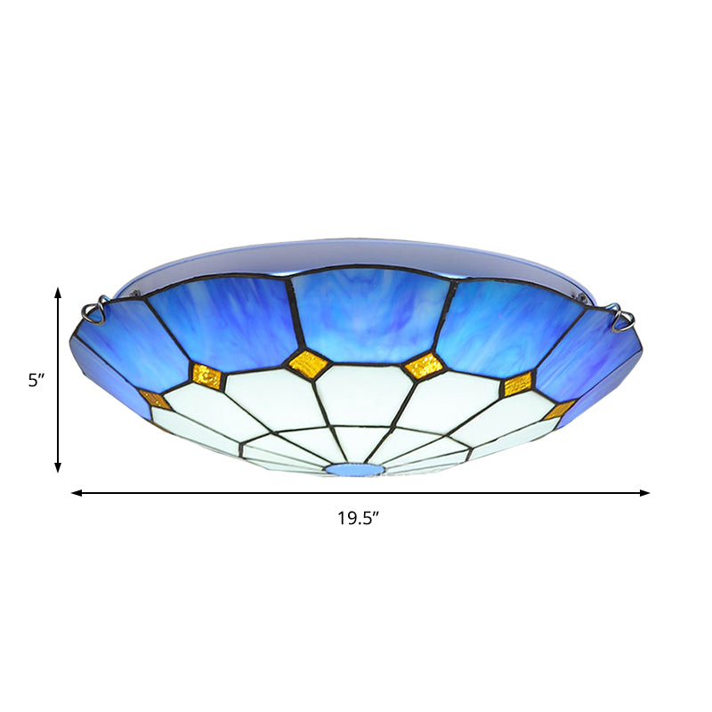 Tiffany Blue Stained Glass Flush Ceiling Light with Bowl Shade - Perfect for Living Room