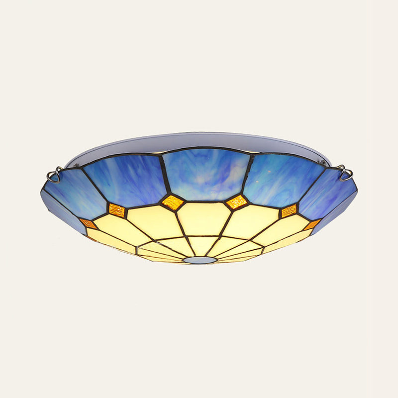 Tiffany Blue Stained Glass Flush Ceiling Light with Bowl Shade - Perfect for Living Room