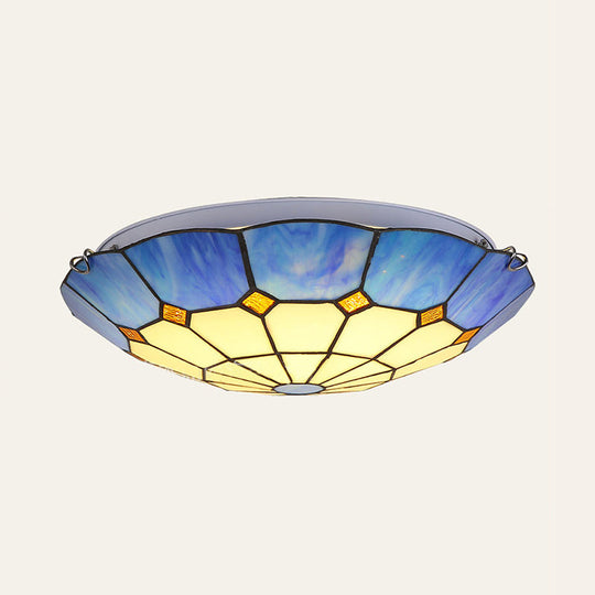 Tiffany Blue Stained Glass Flush Ceiling Light with Bowl Shade - Perfect for Living Room