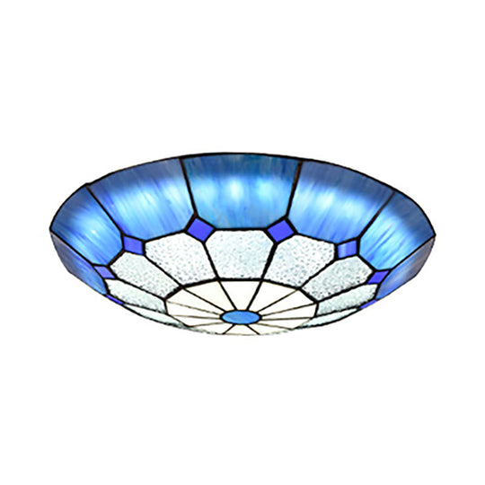 Tiffany Blue Stained Glass Flush Ceiling Light with Bowl Shade - Perfect for Living Room