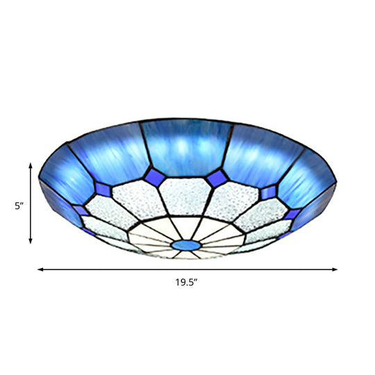 Tiffany Blue Stained Glass Flush Ceiling Light with Bowl Shade - Perfect for Living Room