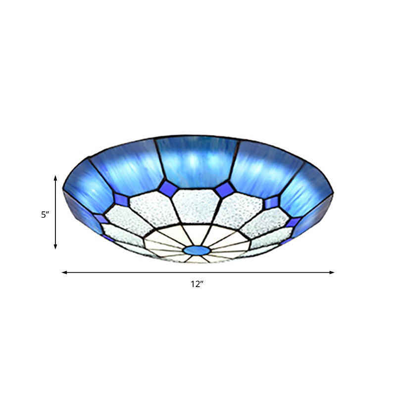 Tiffany Blue Stained Glass Flush Ceiling Light with Bowl Shade - Perfect for Living Room