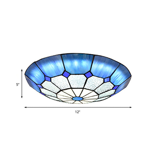 Tiffany Blue Stained Glass Flush Ceiling Light with Bowl Shade - Perfect for Living Room