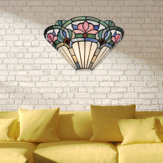 Stained Glass Lotus Wall Sconce in Pink & Green for Corridor Lighting