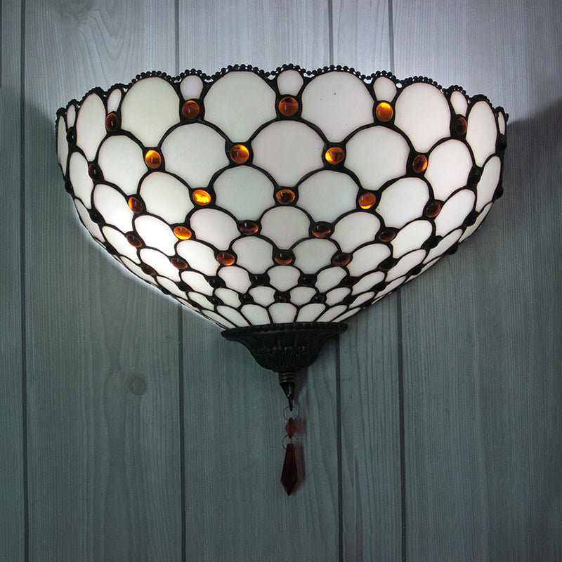 Vintage Outdoor Wall Sconce with White Glass Bowl Shade - Fish Scale Design, 1 Light