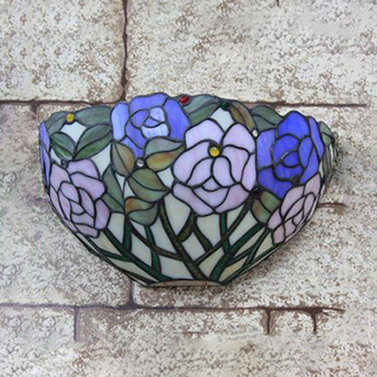 Tiffany Lodge Stained Glass Wall Sconce - Blue and Pink Outdoor Light with Flowers Design