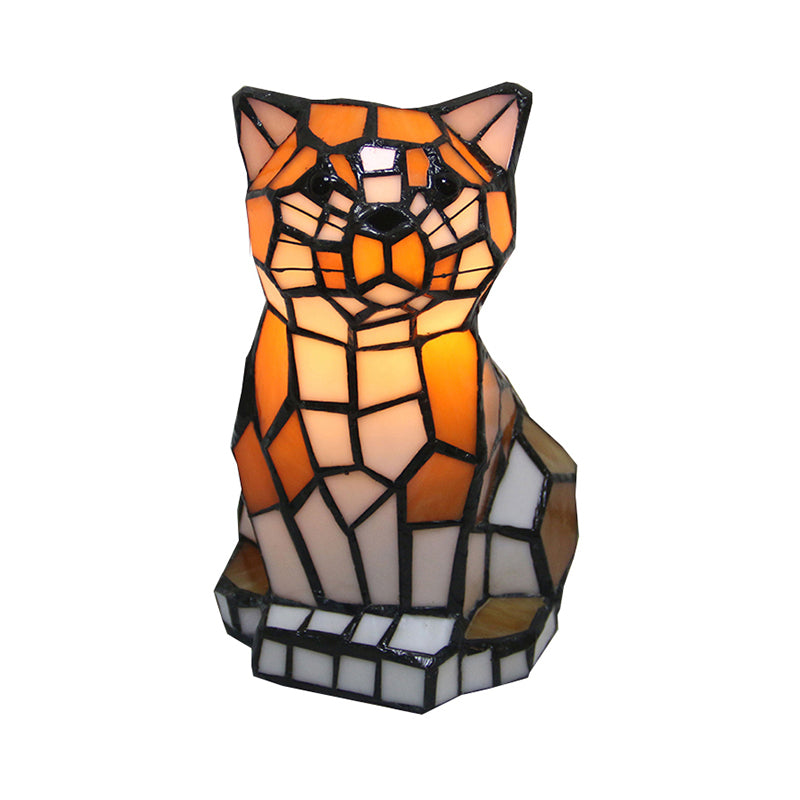 Tiffany Stained Glass Brown Cat Shade Accent Lamp – Colorful Bedside Table Lamp with 1 Light