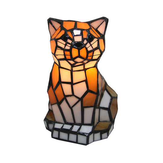 Tiffany Stained Glass Brown Cat Shade Accent Lamp – Colorful Bedside Table Lamp with 1 Light
