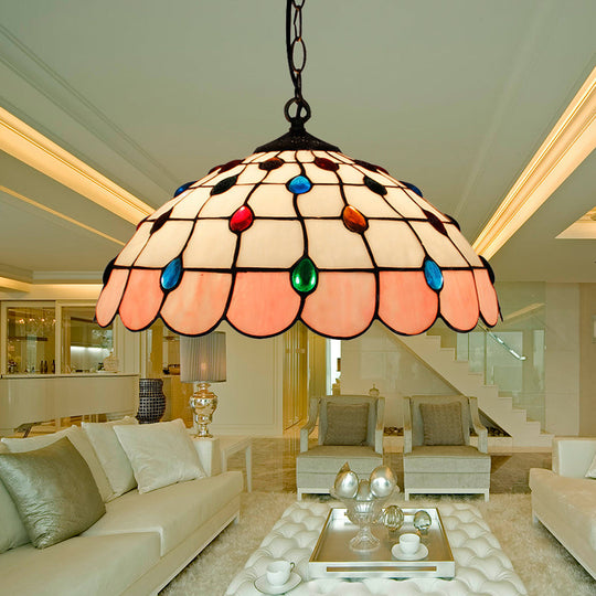 Tiffany Hand Rolled Art Glass Ceiling Light - Single Dome Pendant for Bedroom in Pink/Light Blue/Green