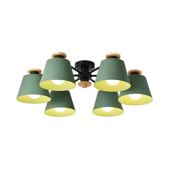 Macaron Metal Semi Flushmount Light - 6 Heads Bucket Ceiling Light for Kindergarten and Lofts