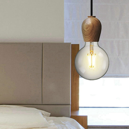 Suspended Minimalist Wooden Pendant Lamp with Beige Finish - Ideal for Kitchen and Bedroom Lighting