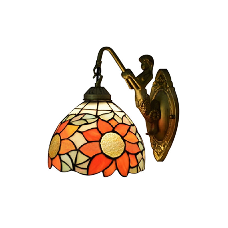 1-Head Tiffany Orange Hallway Wall Sconce Light with Sunflower Stained Glass Shade - Wall Mounted