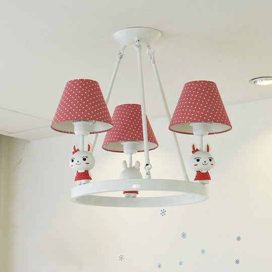 Children's Pink Bunny Chandelier: Metal 3-Headed Hanging Light with Dot Shade for Girls' Bedroom