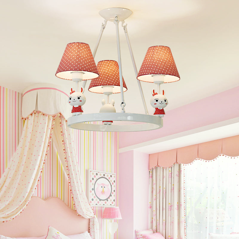 Children's Pink Bunny Chandelier: Metal 3-Headed Hanging Light with Dot Shade for Girls' Bedroom
