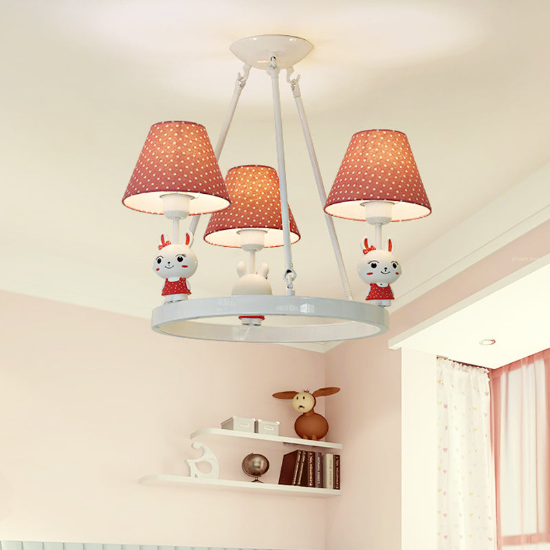 Children's Pink Bunny Chandelier: Metal 3-Headed Hanging Light with Dot Shade for Girls' Bedroom