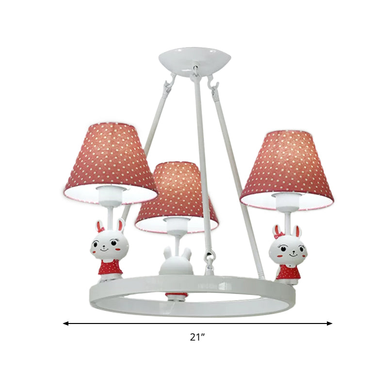 Children's Pink Bunny Chandelier: Metal 3-Headed Hanging Light with Dot Shade for Girls' Bedroom