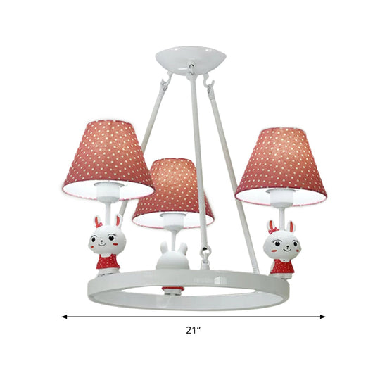 Children's Pink Bunny Chandelier: Metal 3-Headed Hanging Light with Dot Shade for Girls' Bedroom
