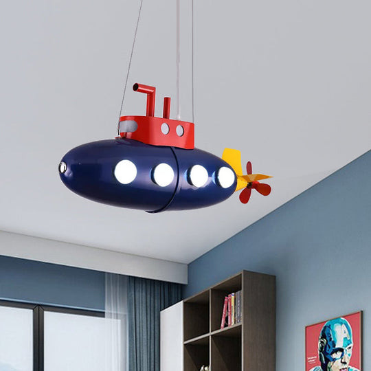 Blue Submarine Chandelier: Metal Hanging Light for Kids' Game Room or Kindergarten