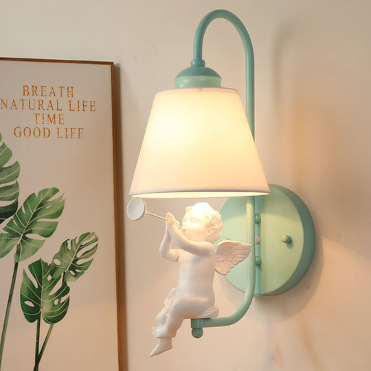 Green Little Angel Wall Light with Fabric Shade - Nordic Style Sconce for Kids' Bedroom