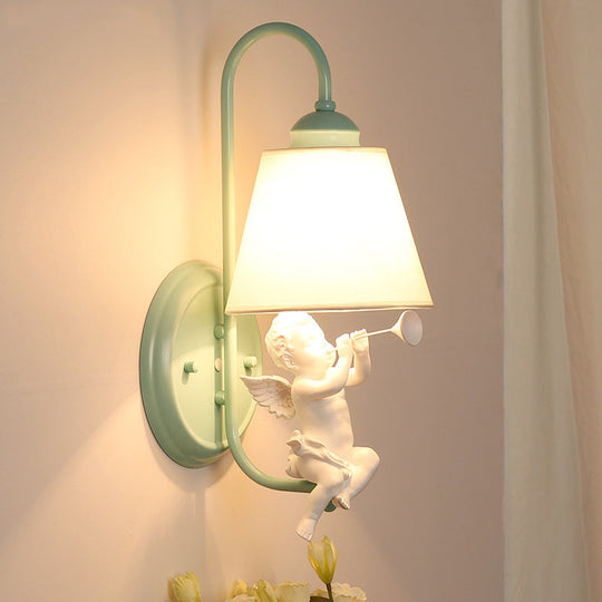 Green Little Angel Wall Light with Fabric Shade - Nordic Style Sconce for Kids' Bedroom