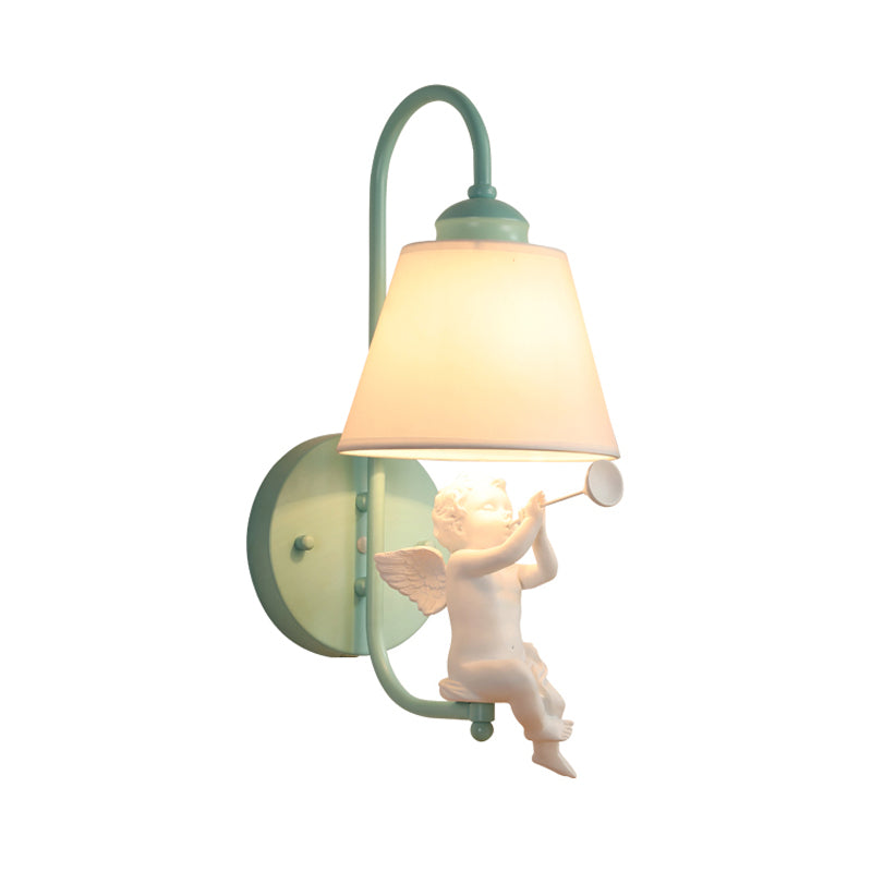 Green Little Angel Wall Light with Fabric Shade - Nordic Style Sconce for Kids' Bedroom