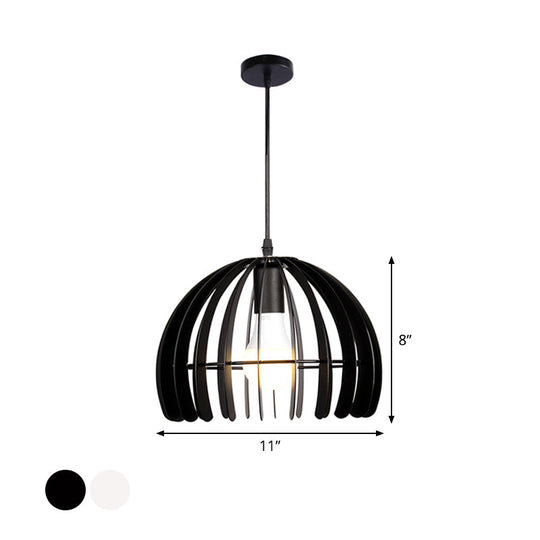 Contemporary Domed Cage Hanging Lamp Kit for Living Room - Metal Single Bulb Suspension Pendant in Black/White