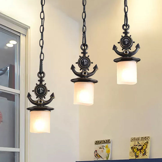 Kids Black Cylinder Pendant Light with Anchor Top - 3 Bulbs, White Glass Hanging Lamp Kit