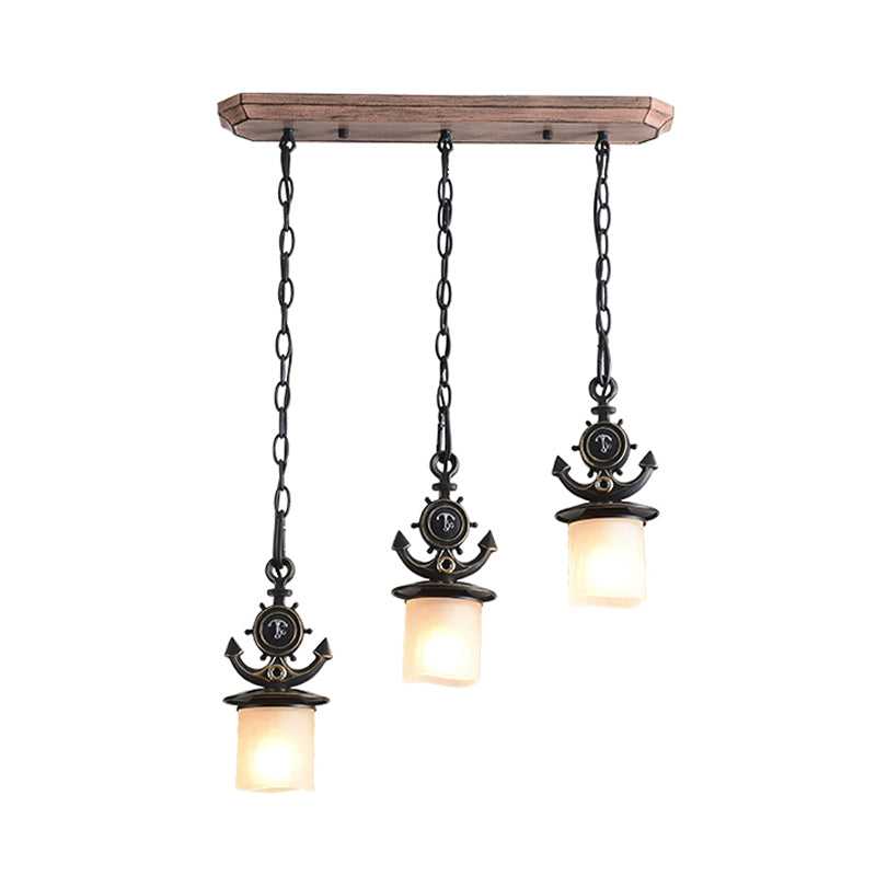 Kids Black Cylinder Pendant Light with Anchor Top - 3 Bulbs, White Glass Hanging Lamp Kit