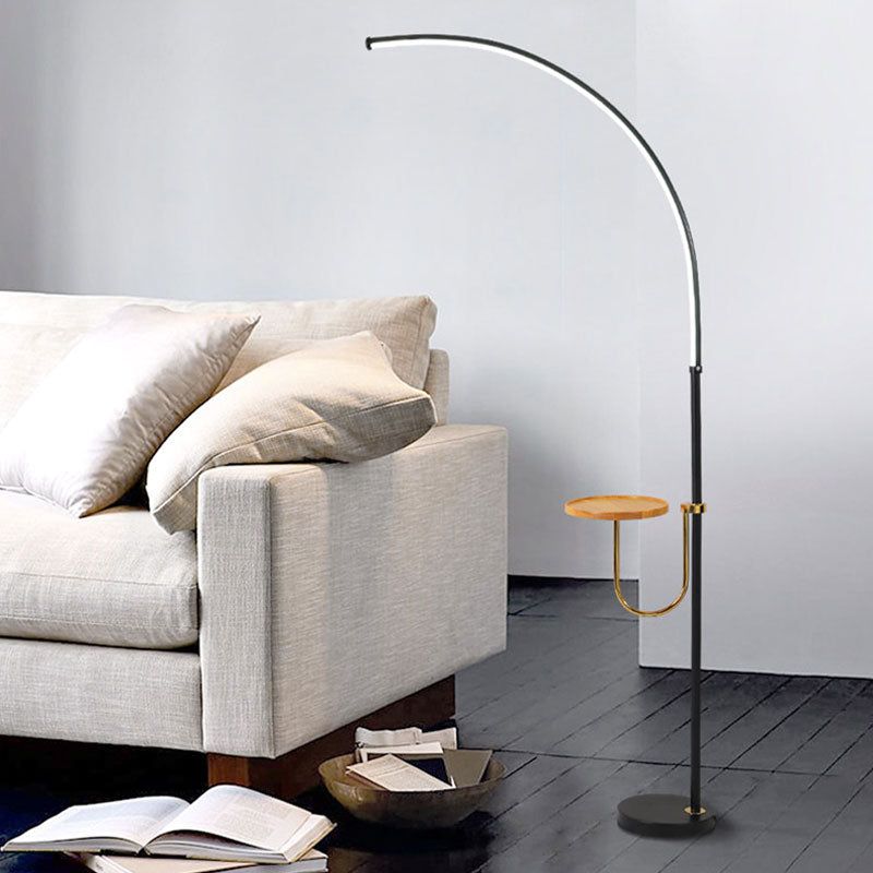 Contemporary LED Black Floor Lamp with Table Design - Bent Metallic Standing Lighting in Warm/White Light
