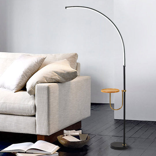 Contemporary LED Black Floor Lamp with Table Design - Bent Metallic Standing Lighting in Warm/White Light