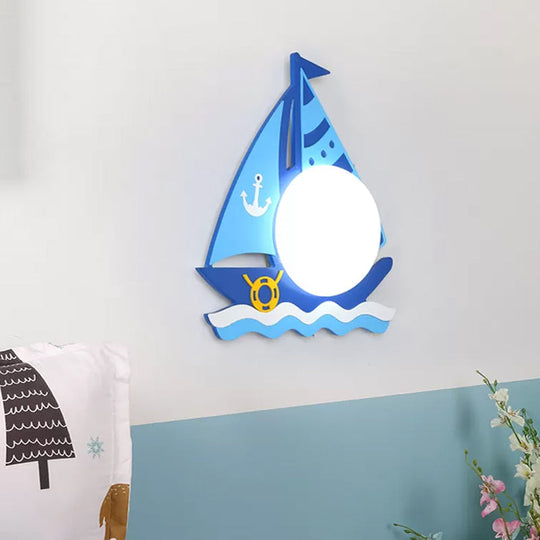 Kids Blue Timber Sailboat Wall Sconce with Circular Glass Shade