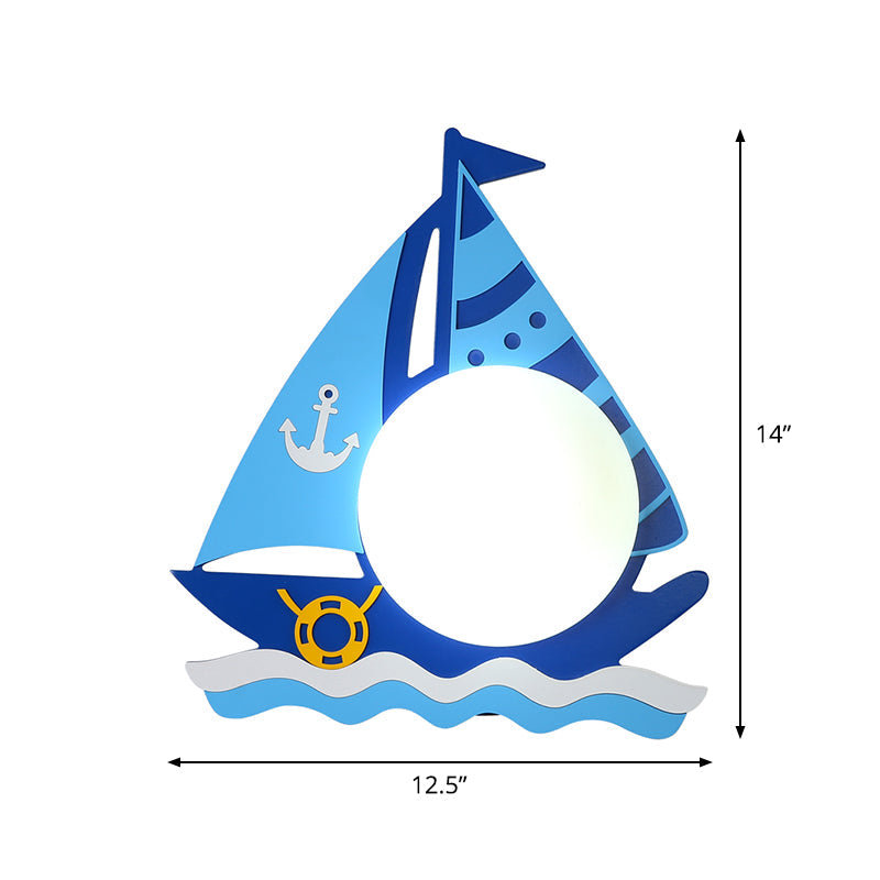 Kids Blue Timber Sailboat Wall Sconce with Circular Glass Shade