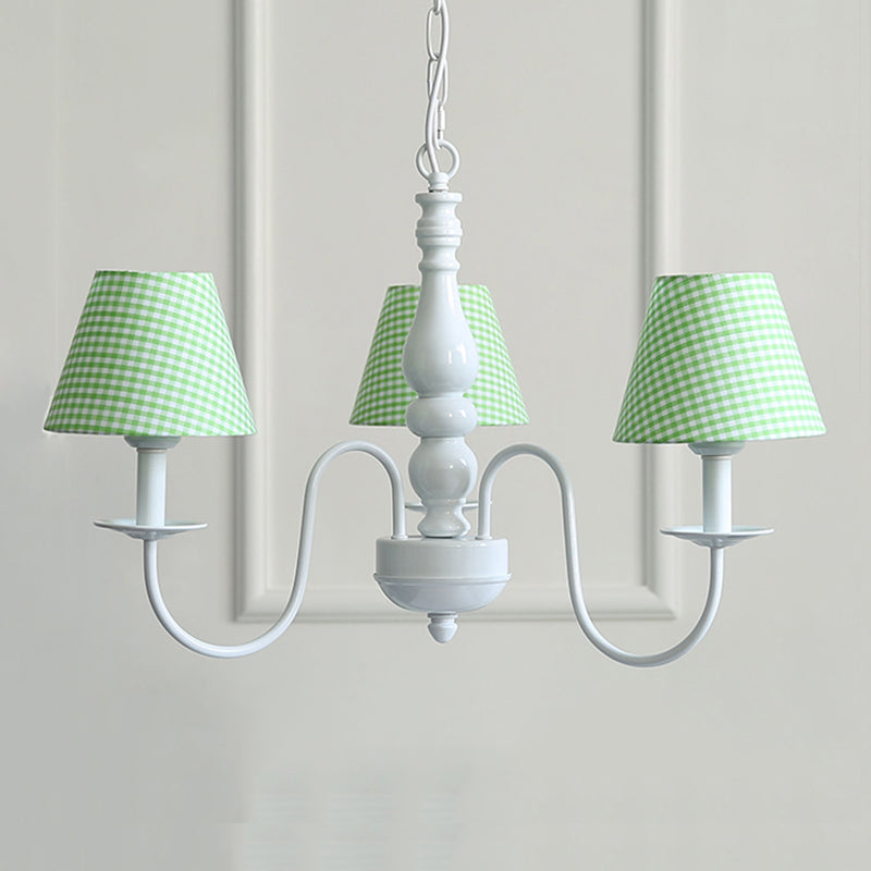Nordic Kids Chandelier - Restaurant Plaid Fabric Suspension Light with 3 Bulbs