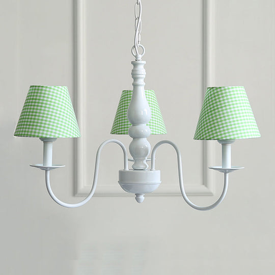 Nordic Kids Chandelier - Restaurant Plaid Fabric Suspension Light with 3 Bulbs