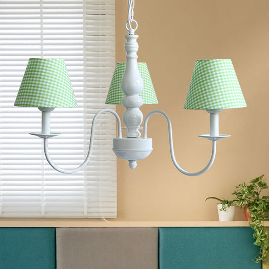 Nordic Kids Chandelier - Restaurant Plaid Fabric Suspension Light with 3 Bulbs